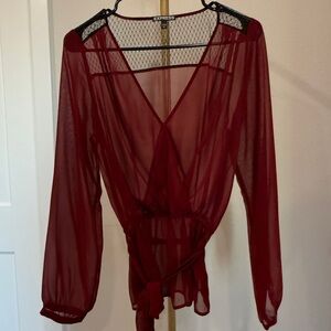 NWOT Express Sheer Burgundy Wrap Top with Mesh Yoke (size s)